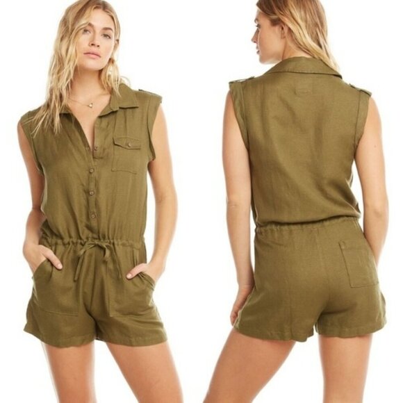 Ralph Lauren Khaki Linen Military Green Safari Cargo Sleeveless Romper Playsuit